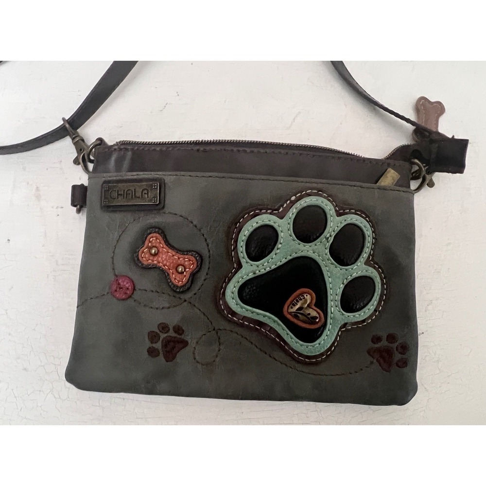 Chala Handbags Gray Vegan Leather Paw Print Crossbody Bag Small Messenger